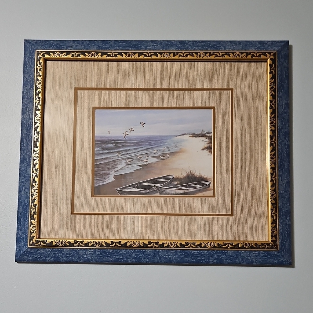 Vintage Elegant Coastal Framed Art with Blue and Gold Accents